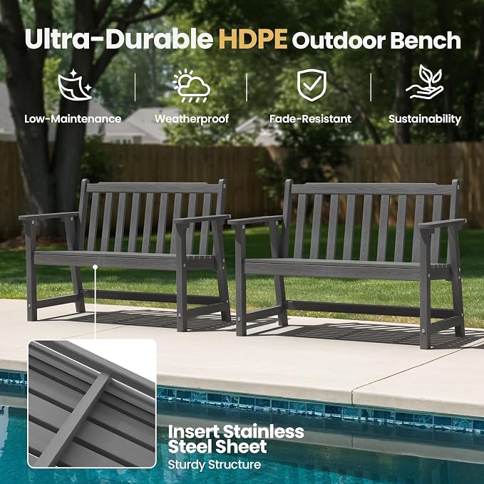 Ciokea 48" Outdoor Bench Set of 2, HDPE Weatherproof Garden Bench, 2-Person - Image 3