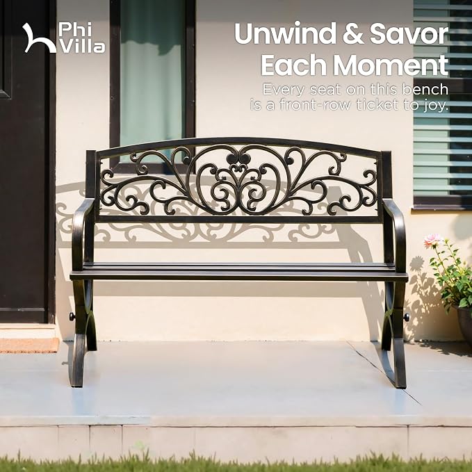 PHI VILLA 50Inch Cast Iron Steel Frame Garden Bench Patio Furniture Chair - Image 8