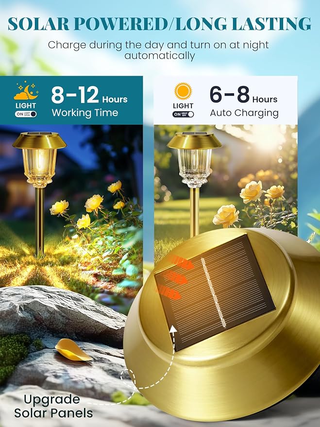 Solar Lights Outdoor Waterproof, 6 Pack Gold Solar Pathway Lights - Image 7