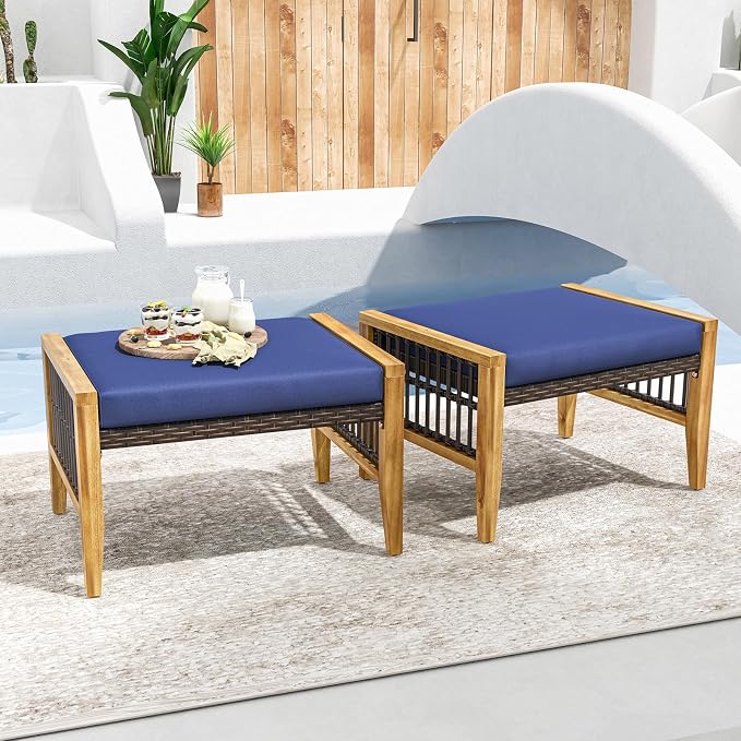 Tangkula Set of 2 Outdoor Ottomans, Patio Acacia Wood Ottomans - Image 2