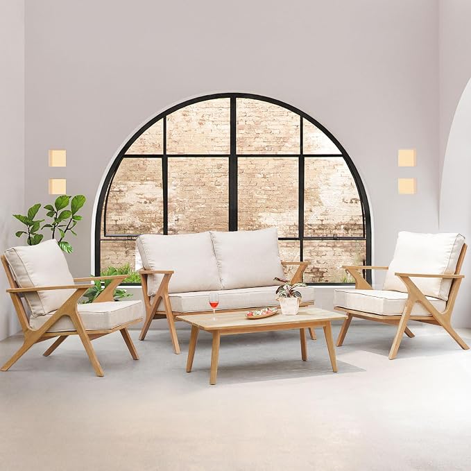 4 Pieces Acacia Wood Patio Furniture Set, Outdoor Seating Sofa Set by Unknown