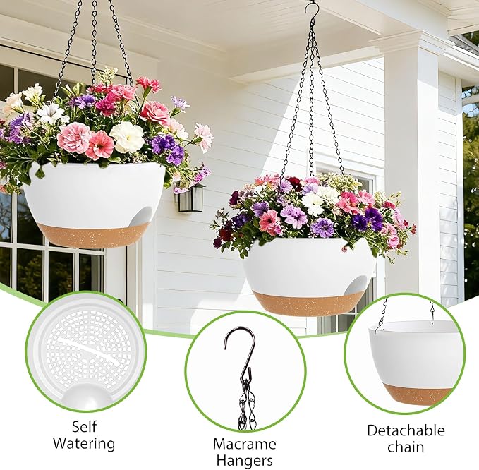 8 Inch Hanging Planters for Indoor Outdoor Plants, 4 Pack White Brown Plastic - Image 3