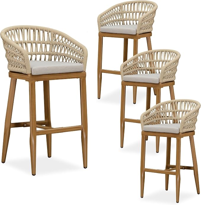 PURPLE LEAF Outdoor Rattan 29" Bar Stools Set of 4, Modern Boho Aluminum Patio by PURPLELEAF