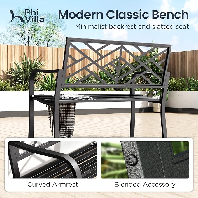 PHI VILLA 43 Inch Cast Iron Steel Frame Outdoor Garden Bench, Patio Furniture - Image 5