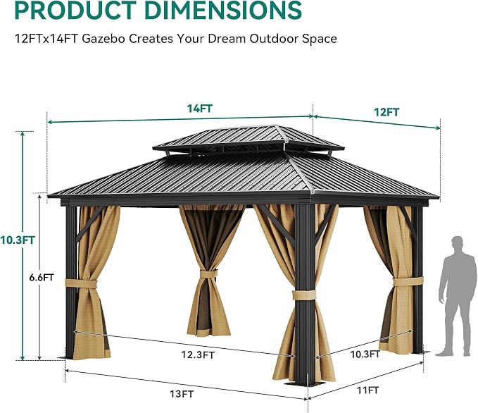 YITAHOME 12x14ft Gazebo Hardtop Double Roof Outdoor Heavy Duty w/Nettings and - Image 8