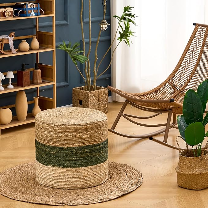 Wimarsbon 18'' Ottoman Pouf, Natural Braided Poof, Rustic Handweave Lounge - Image 2