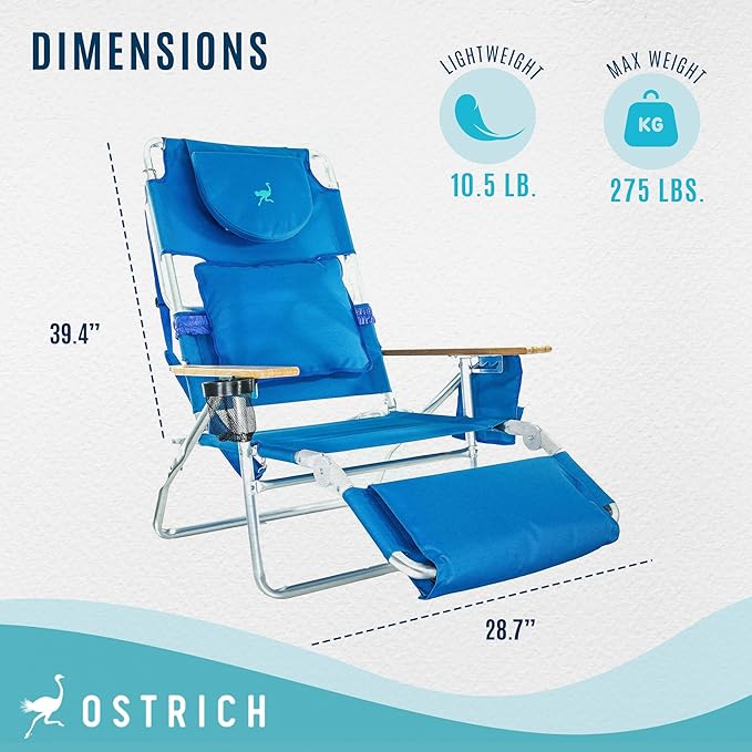 Ostrich Deluxe 3N1 Padded Beach Chair w/ Face Cushion & Arm Holes, Cup Holder - Image 3