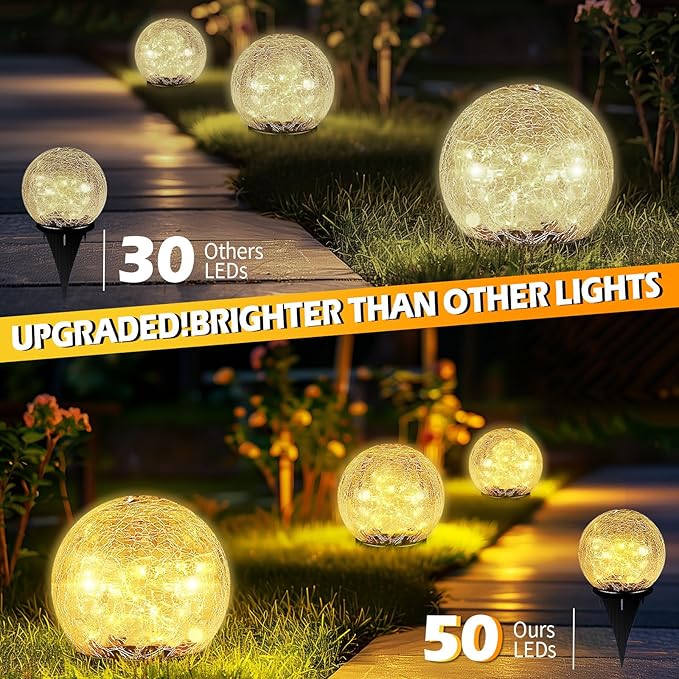 Coroor Garden Solar Ball Lights Outdoor Waterproof, 50 LED Cracked Glass Globe - Image 2