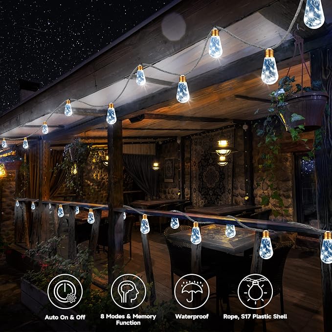 Solar Outdoor String Lights, 2 Pack 20Ft Vintage Rope Hemp Solar Patio Lights - Image 2