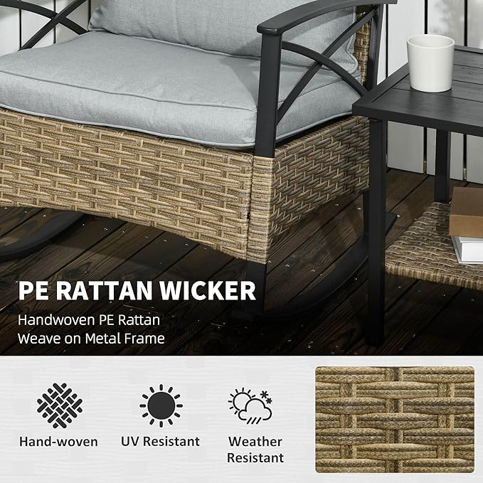 Outsunny 3 Piece Patio Rocking Chair Set, Outdoor Wicker Bistro Set - Image 3