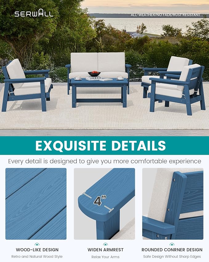 SERWALL HDPE Patio Furniture Set, 5 Piece All Weather Wood-Like Sectional - Image 4