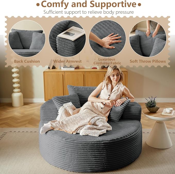 Oversized Round Chair Lounge Chaise Indoor, Upholstered Corduroy Deep Seat - Image 9
