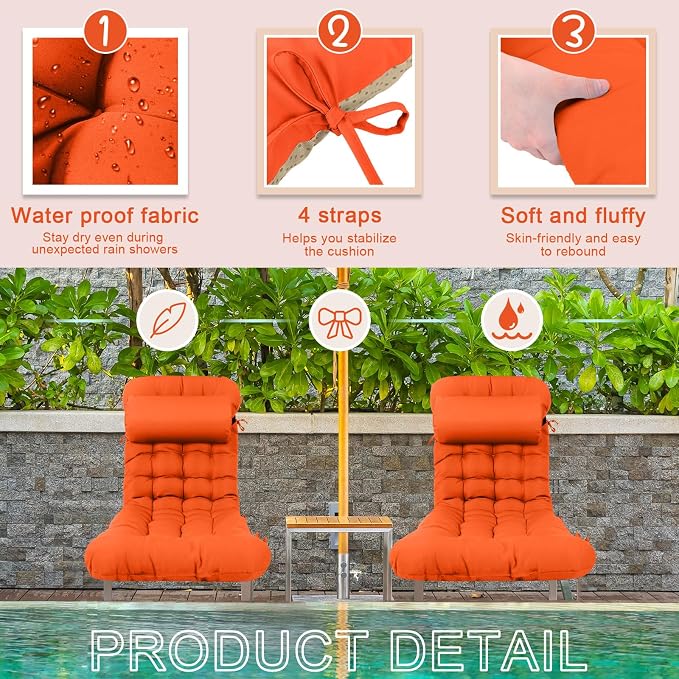 Tudomro 2 Pcs Orange 66'' Outdoor Chaise Lounge Cushion Waterproof Patio Lawn - Image 7
