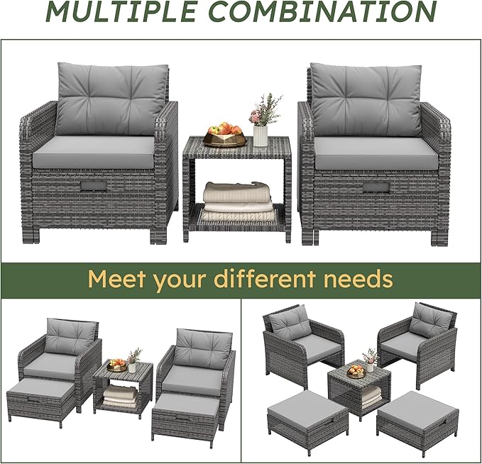 LHBcraft Balcony Furniture 5 Piece Patio Chairs Conversation Set, PE Wicker - Image 5