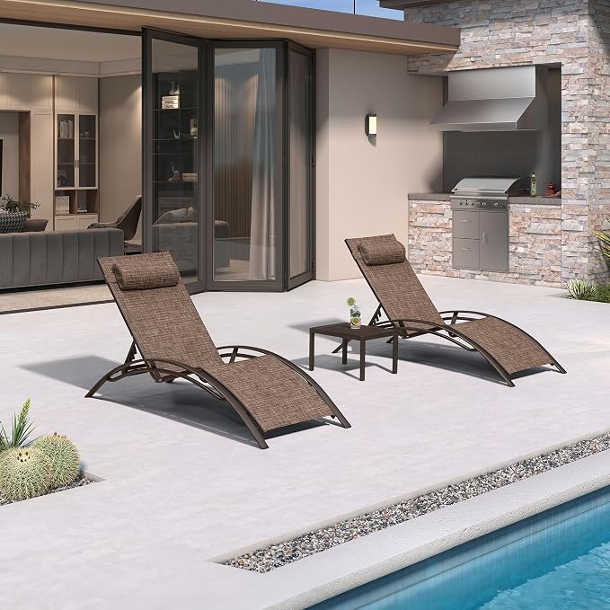 PURPLE LEAF Outdoor Chaise Lounge Chair Set of 3 Patio Pool Lounger Bronze by PURPLELEAF