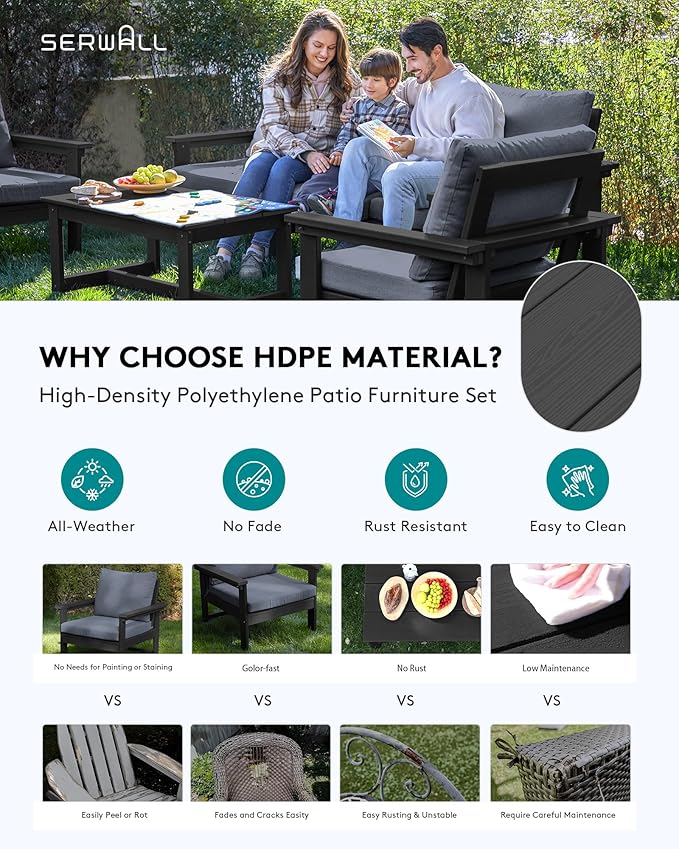 SERWALL HDPE Patio Conversation Set, 6-piece Sectional Outdoor Furniture Set - Image 3