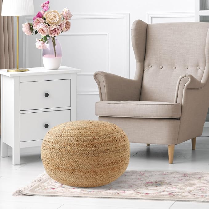 Casafield Hand-Braided Jute Pouf Ottoman Footrest, Natural Woven Boho Floor - Image 2