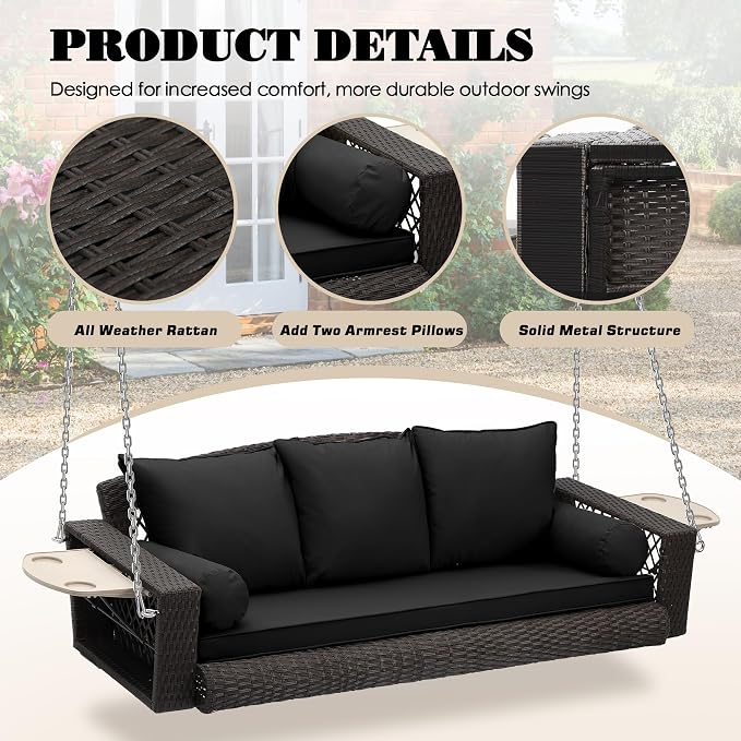 3-Person Hanging Porch Swing, Outdoor Wicker Chair, 76inch Bench - Image 5