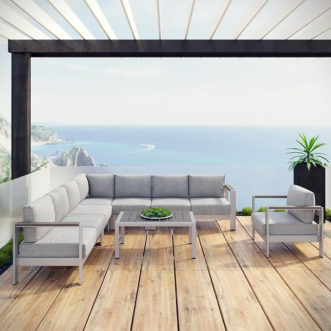 Modway Shore 7-Piece Aluminum Outdoor Patio Sectional Sofa Set in Silver Gray - Image 2