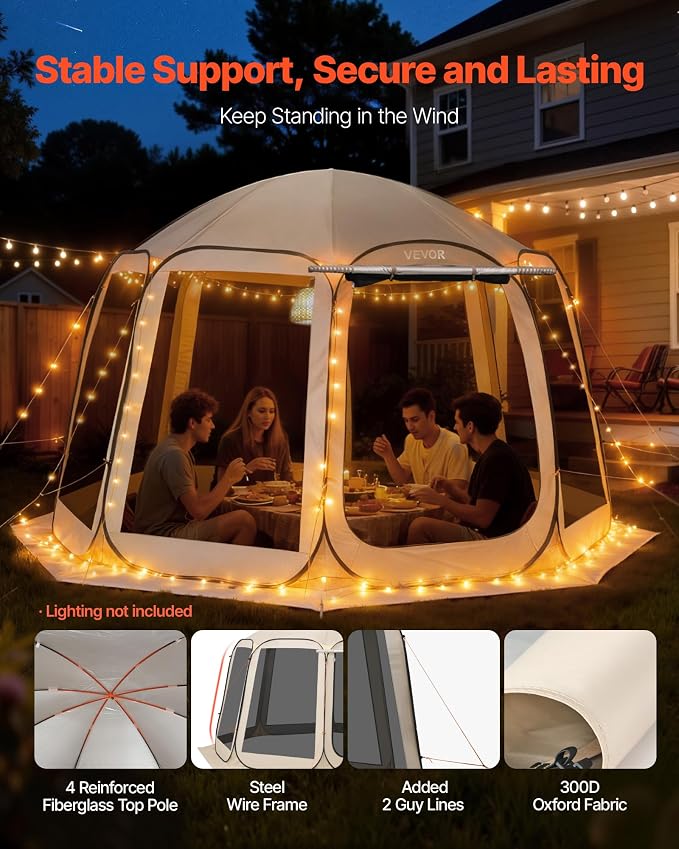 VEVOR Pop up Screen House Tent, 12 x 11 ft, 10-12 Person Screen Gazebo - Image 5