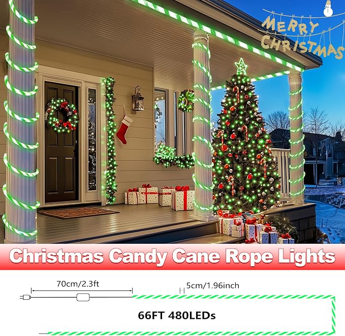 Jnaurb Christmas Candy Cane Lights, 66ft 480 LED Connectable Flexible White & - Image 6