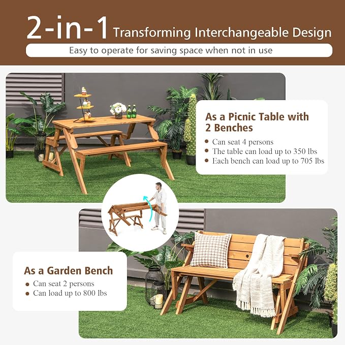 GYMAX Picnic Table, 2 in 1 Convertible Picnic Bench Table Set, Transforming - Image 2