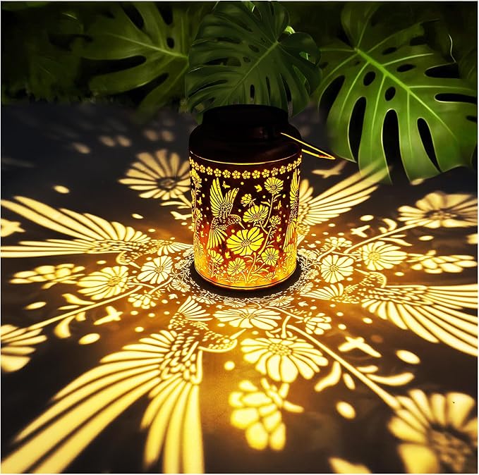 Solar Lanterns Outdoor Waterproof, Hummingbird & Gesang Flower Lights, Metal by Merrytech