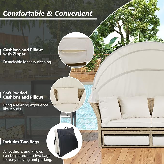 Outdoor Patio Daybed Wicker Rattan Double Daybed Round Sofa Furniture Set - Image 6