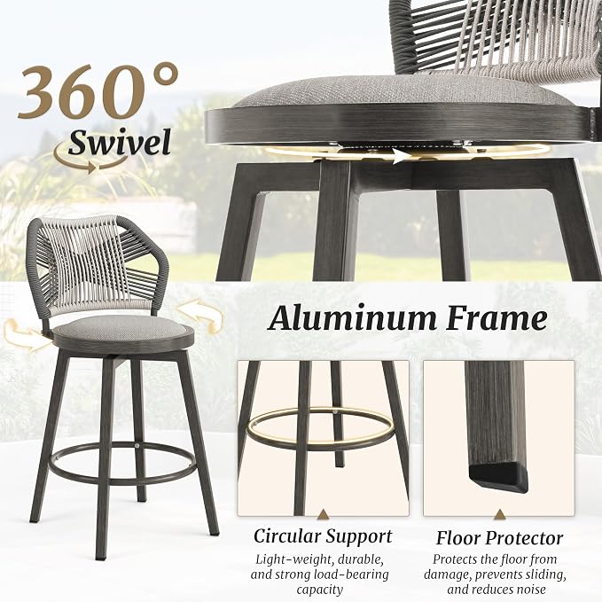 360° Swivel Outdoor Bar Stools Set of 3, Modern Aluminum Wicker Bar Stool - Image 6