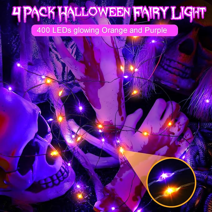 4 Pack Halloween Solar Fairy Lights 131.2Ft 400 LEDs Outdoor Twinkle Lights - Image 3
