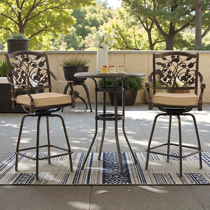 3-Piece Outdoor Bar Height Dining Set, Cast Aluminum Swivel Bar Stools - Image 7