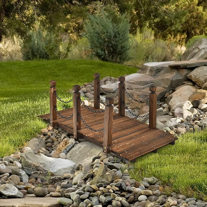 Tangkula 5 FT Wooden Garden Bridge, Arc Footbridge w/Safe Chain Railings - Image 7