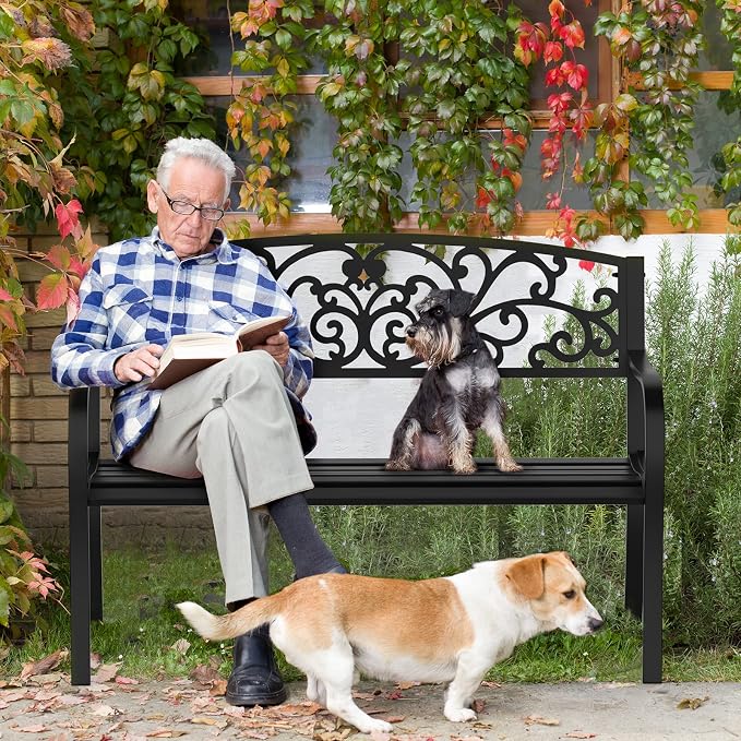 VINGLI Outdoor Bench for Patio Metal Garden Bench w/PVC Back Pattern - Image 2