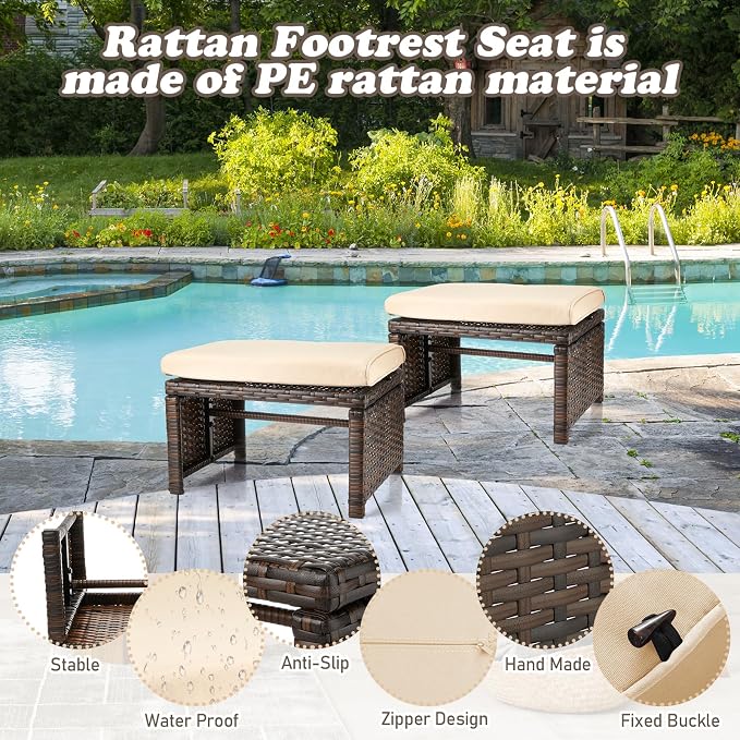 2 Pcs Patio Rattan Ottomans Outdoor Wicker Ottomans Patio Footstool Footrest - Image 3