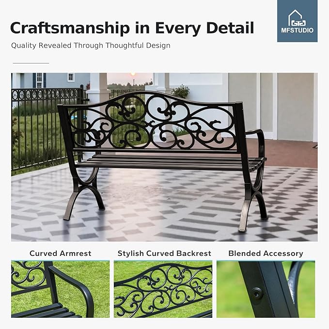MFSTUDIO 50 Inches Outdoor Garden Bench, Cast Iron Metal Frame Patio Park Bench - Image 5