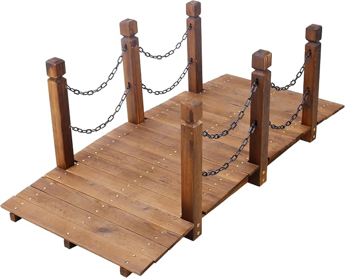 5 FT Wooden Garden Bridge, Stained Finish Decorative Pond Bridge, Stained Wood - Image 5