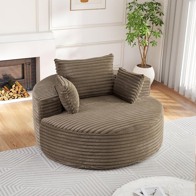 Oversized Round Chaise Longue Chair Indoor, Modern 55-inch Upholstered Corduroy - Image 3