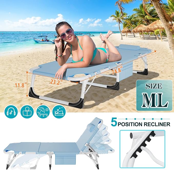 ABORON 3 in 1 Sun Tanning Chair, Heavy Duty Folding Chaise Lounge Chairs - Image 5