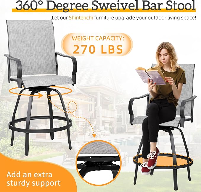 Shintenchi 2 Piece Patio Swivel Bar Chairs, All Weather Textile Outdoor Metal - Image 5