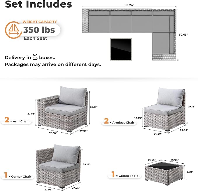 ovios 6 Pieces Patio Furniture Set, Outdoor Wicker Sectional Sofa - Image 2