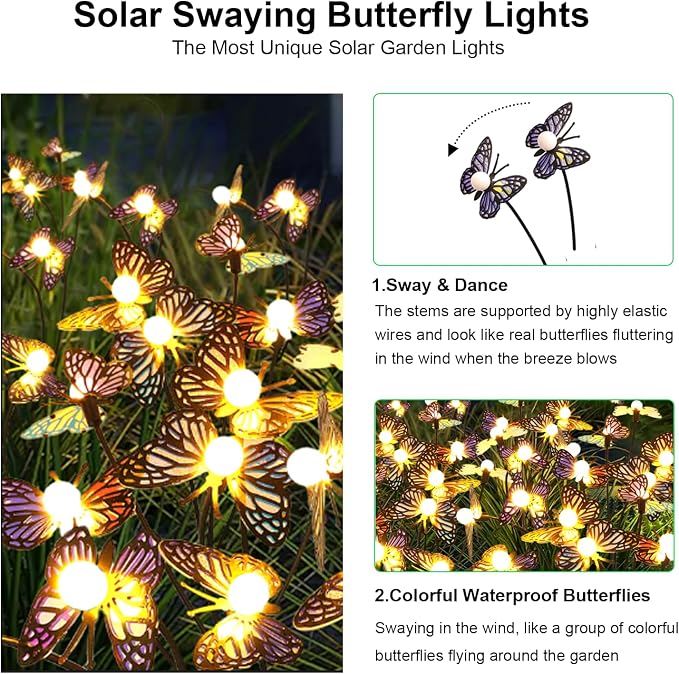 Solar Garden Butterfly Lights, 4 Pack 32 LED Solar Swaying Lights, Swaying in - Image 2