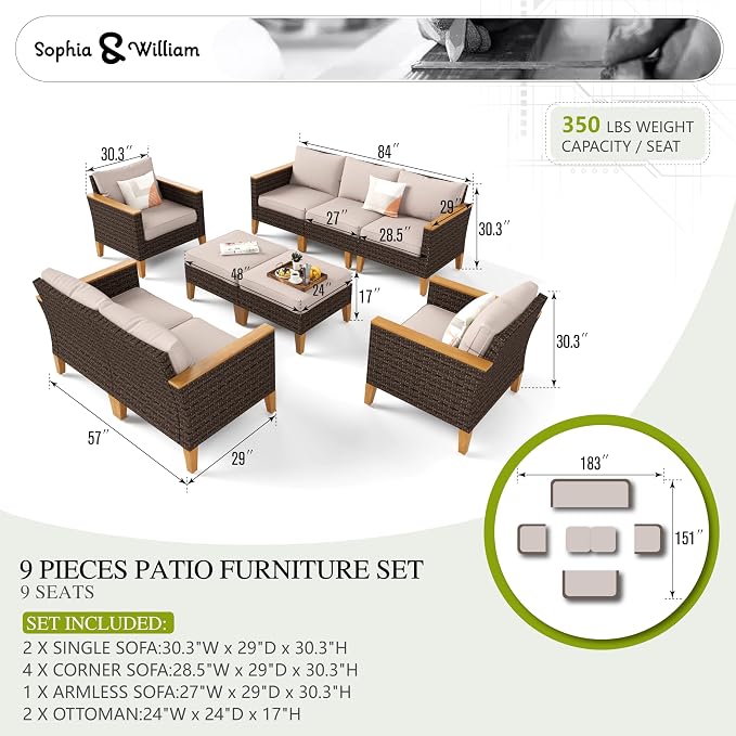 Sophia & William Wicker Patio Furniture Set, Outdoor Rattan Sectional Sofa 9 - Image 7