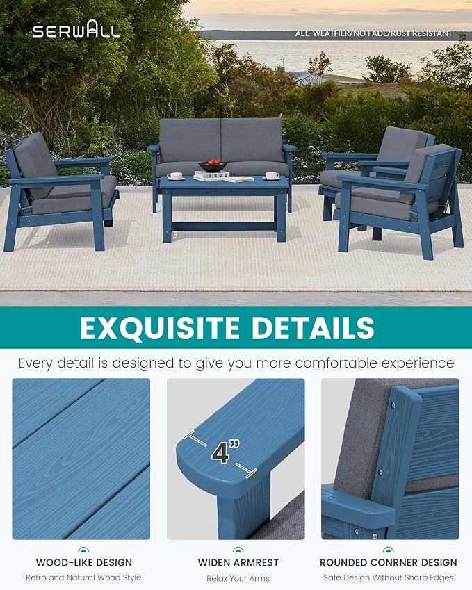 SERWALL HDPE Patio Furniture Set, 5 Piece All Weather Wood-Like Sectional - Image 4