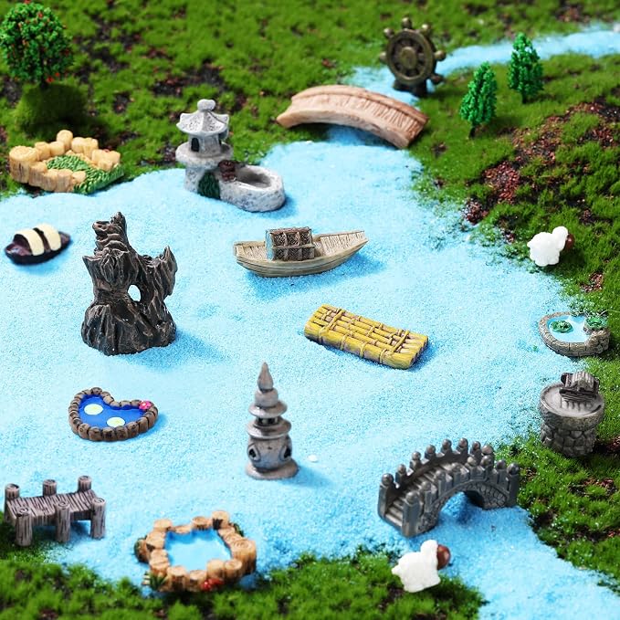 Meooeck 24 Pcs Miniature Garden Accessories Mini Fairy Bridge Figurines Pond - Image 5