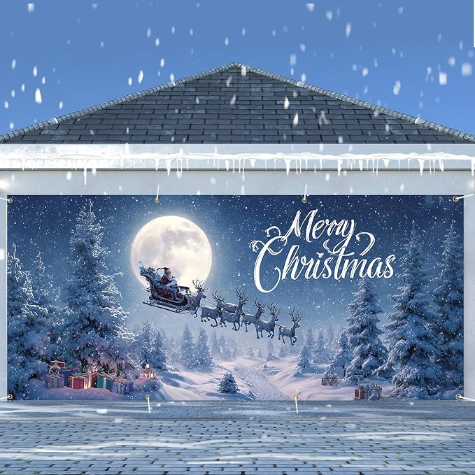 Merry Christmas Garage Door Cover 6x13FT, Santa Sleigh Flying Across Full Moon - Image 2