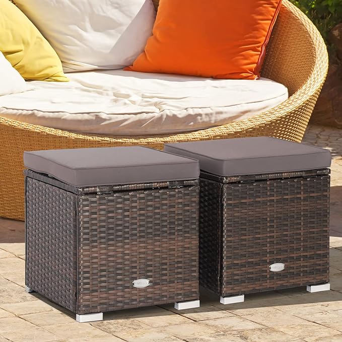 Tangkula 2 Pieces Patio Ottomans, Patiojoy Hand-Woven PE Rattan Side Table - Image 3