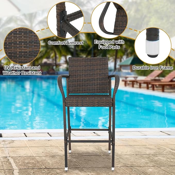 ZENY Set of 4 Wicker Barstool All Weather Dining Chairs Outdoor Patio Furniture - Image 6