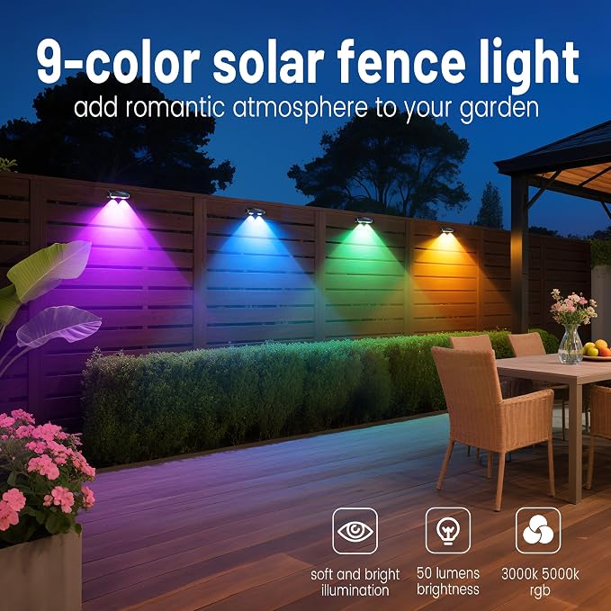Solar Fence Lights 9-Color RGB Solar Lights Outdoor Waterproof Garden Wall - Image 8