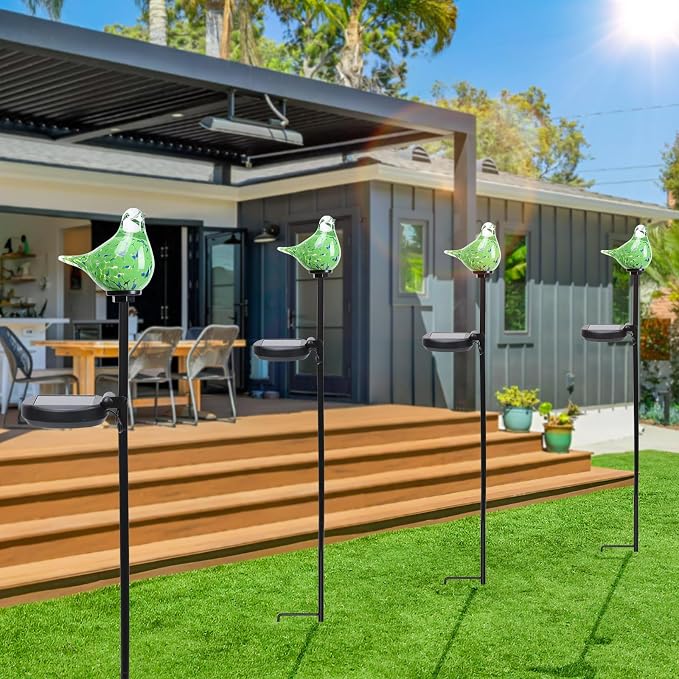 Bshine Solar Garden Decoration Outdoor Green Bird Lights, 2 Pack Hand Blown - Image 6
