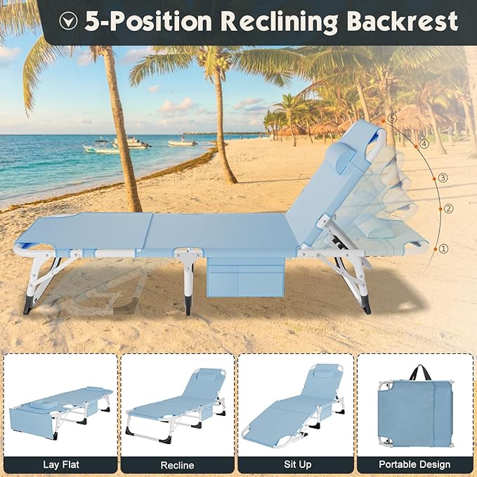 MOPHOTO Beach Lounge Chair, 5-Position Adjustable Tanning Chair - Image 6